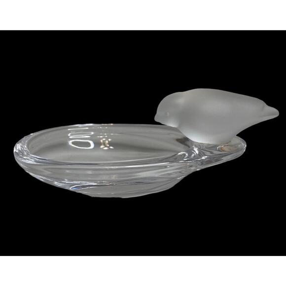 Vintage 1970’s Art Vannes Crystal Candy Dish With Frosted Bird Perched On Edge - Picture 1 of 13